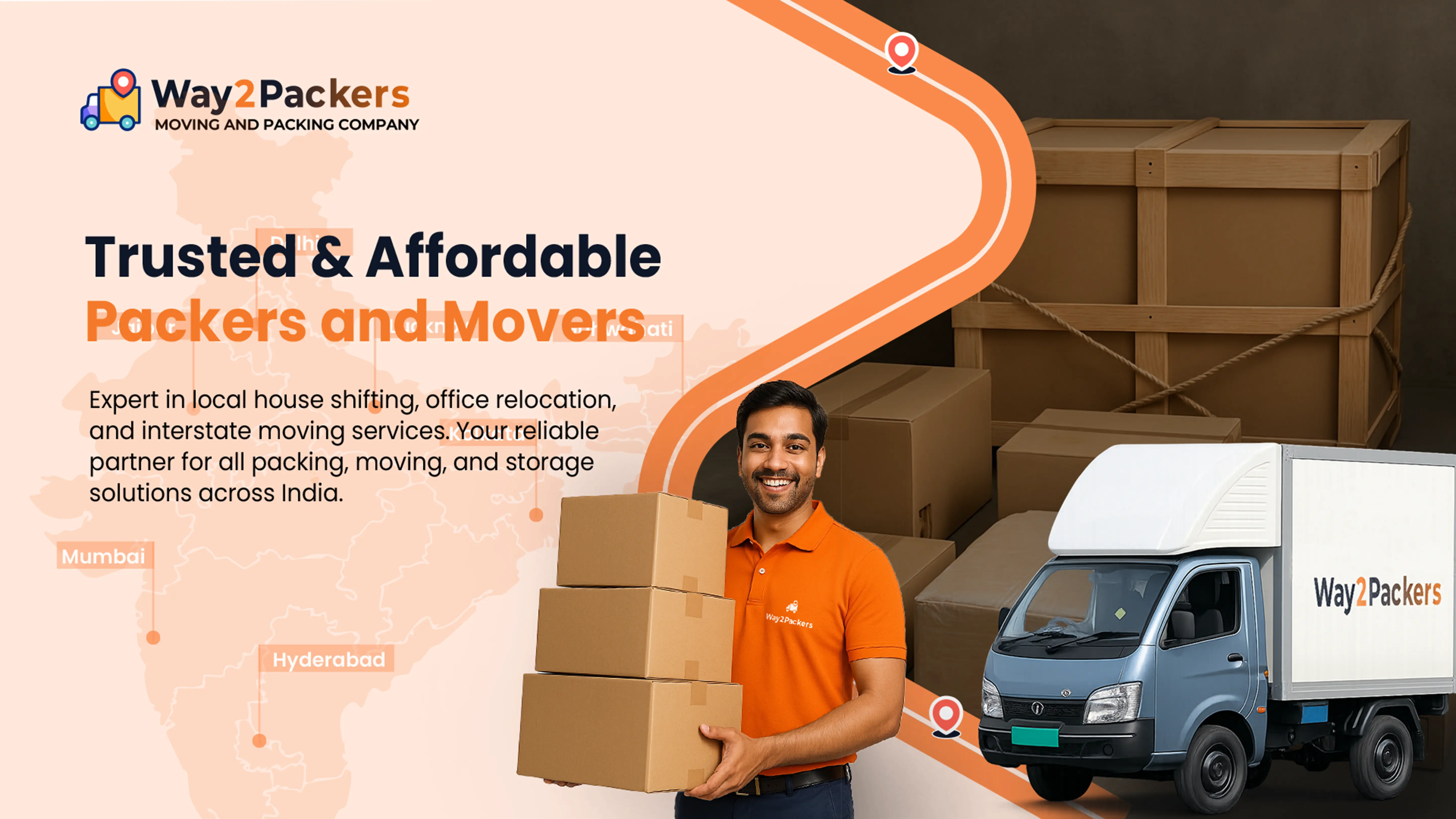 Map of India showing Way2Packers service locations across the country